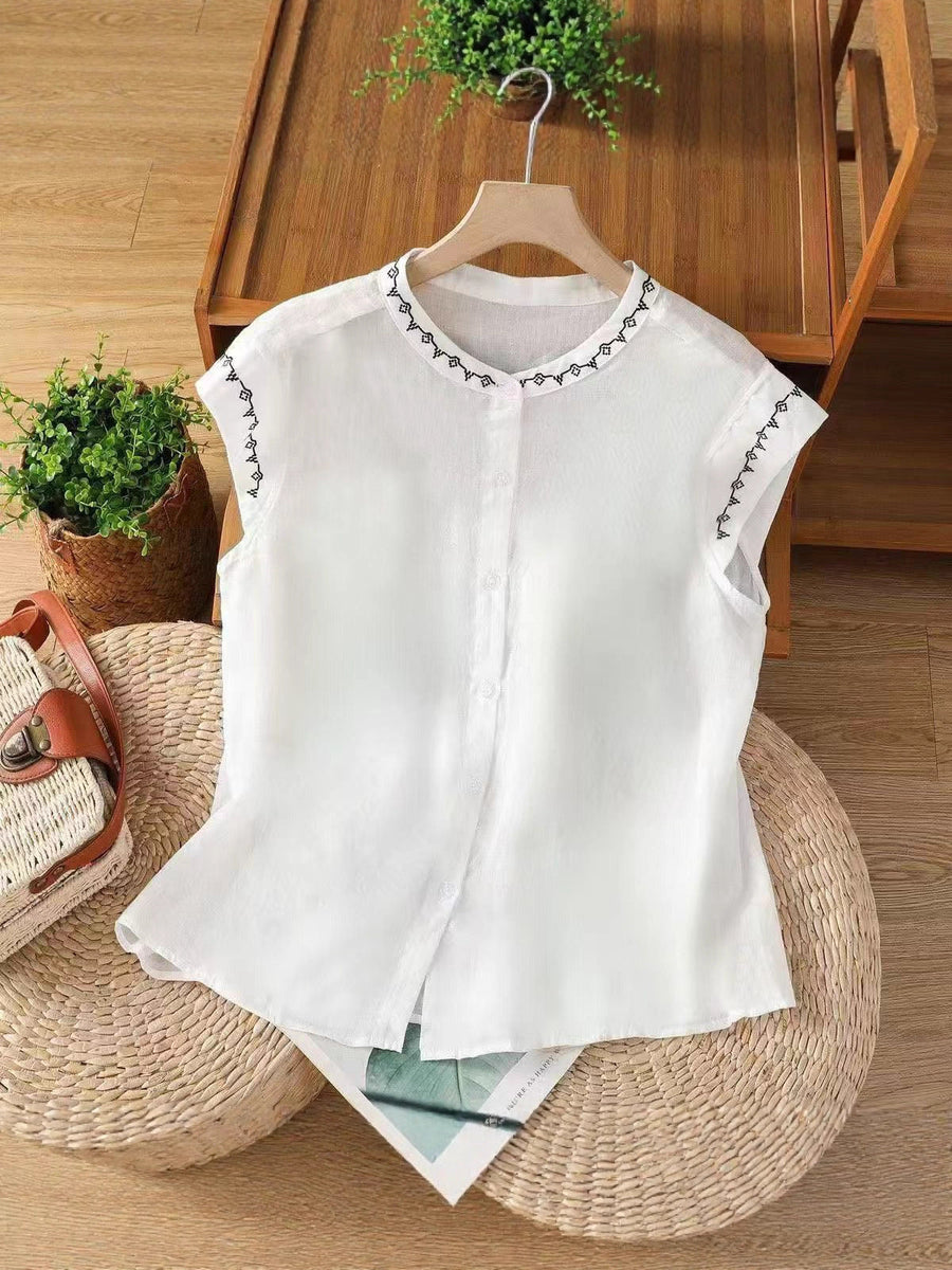 Linen Embroidered Blouse with Cap Sleeves and Button Front