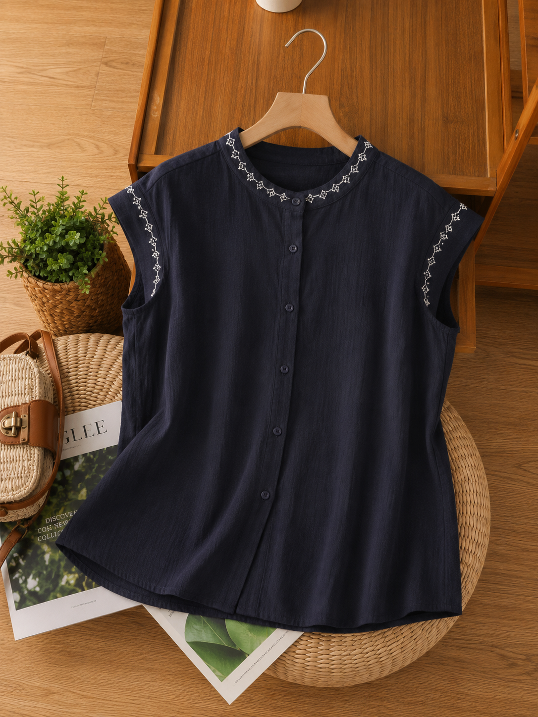Linen Embroidered Blouse with Cap Sleeves and Button Front