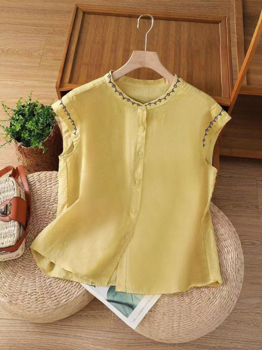 Linen Embroidered Blouse with Cap Sleeves and Button Front