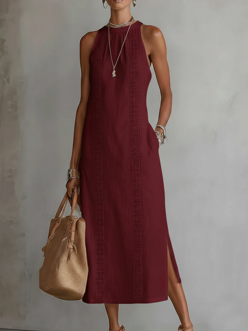 Linen Halter Neck Midi Dress with Lace Trim and Side Split