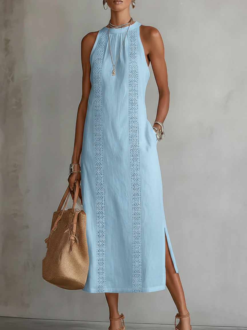 Linen Halter Neck Midi Dress with Lace Trim and Side Split