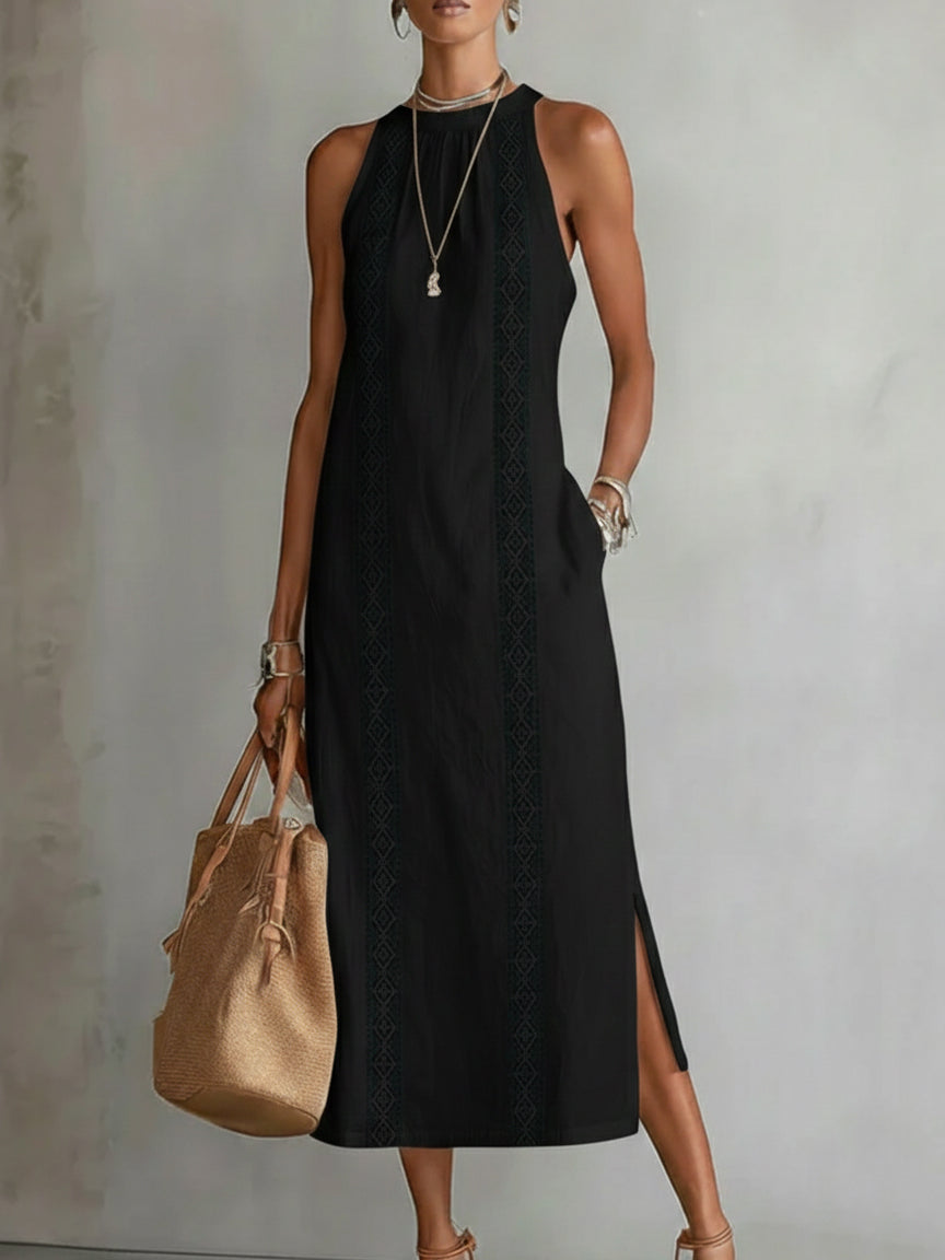 Linen Halter Neck Midi Dress with Lace Trim and Side Split
