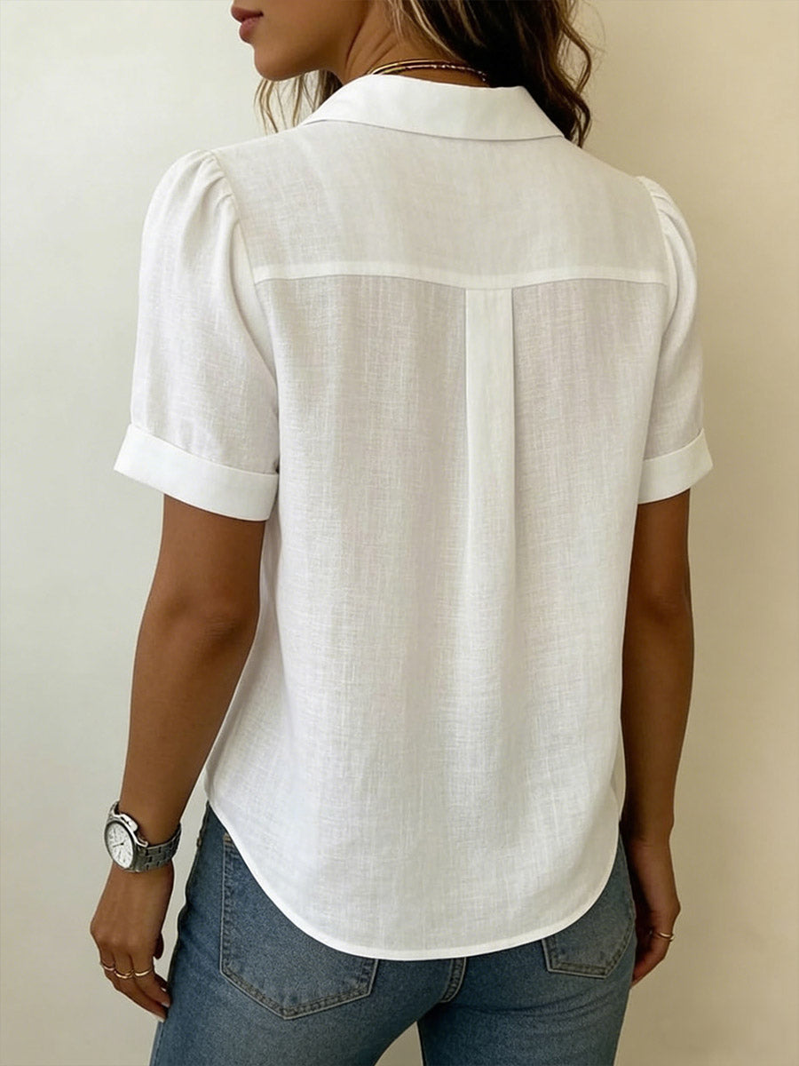 Linen Pleated Front Blouse with Collar and Short Sleeves