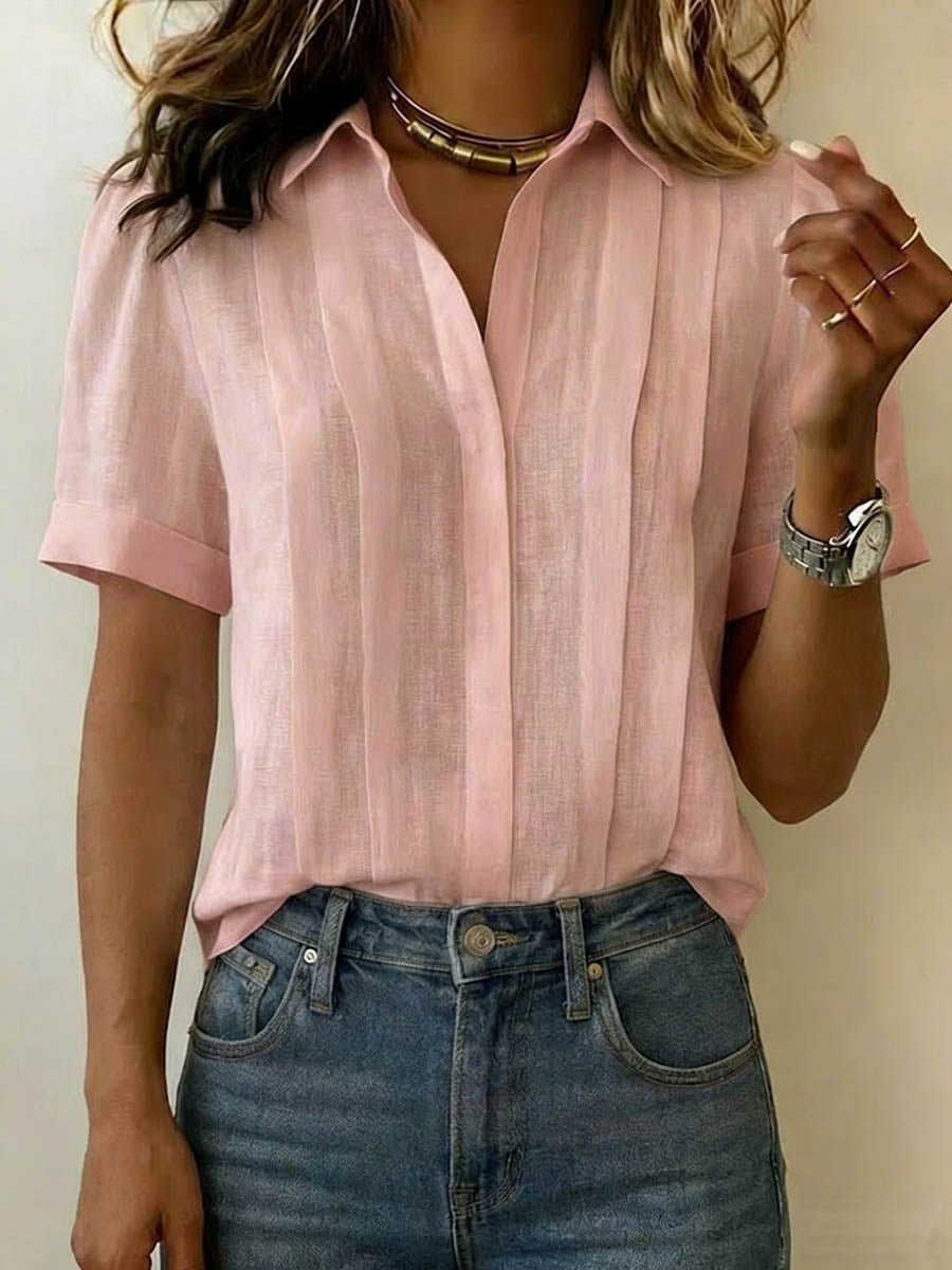 Linen Pleated Front Blouse with Collar and Short Sleeves