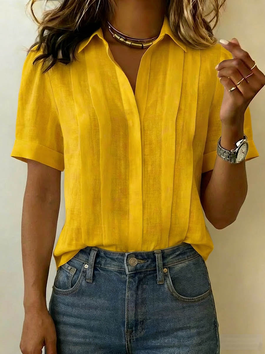 Linen Pleated Front Blouse with Collar and Short Sleeves
