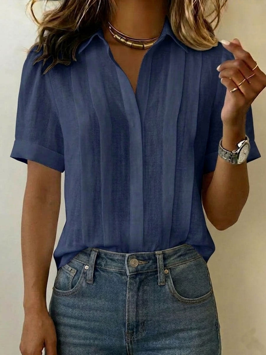 Linen Pleated Front Blouse with Collar and Short Sleeves