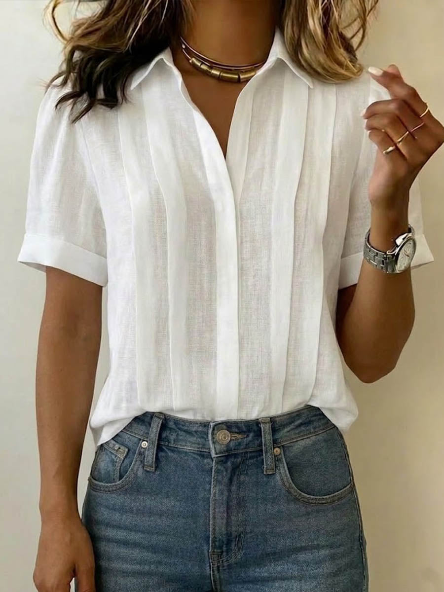 Linen Pleated Front Blouse with Collar and Short Sleeves