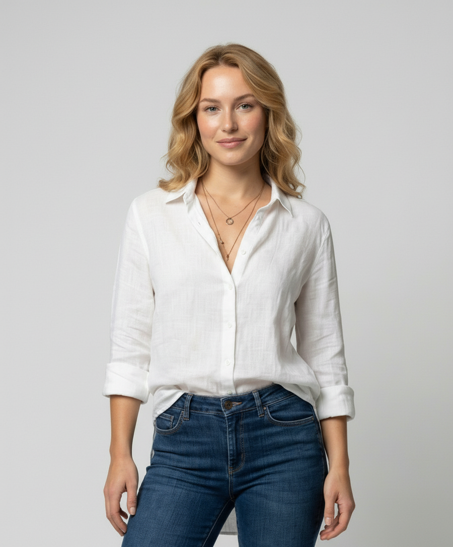 Linen Shirt with Three-Quarter Sleeves and Classic Collar