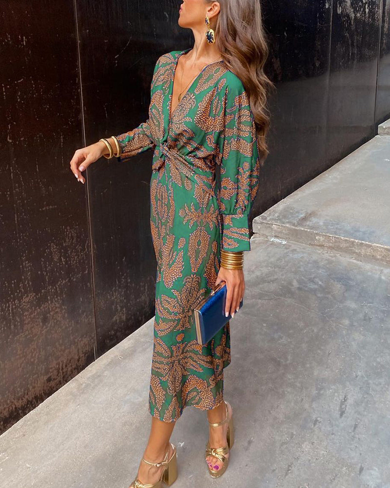 Long Sleeve Midi Dress with Twist Waist and Floral Print
