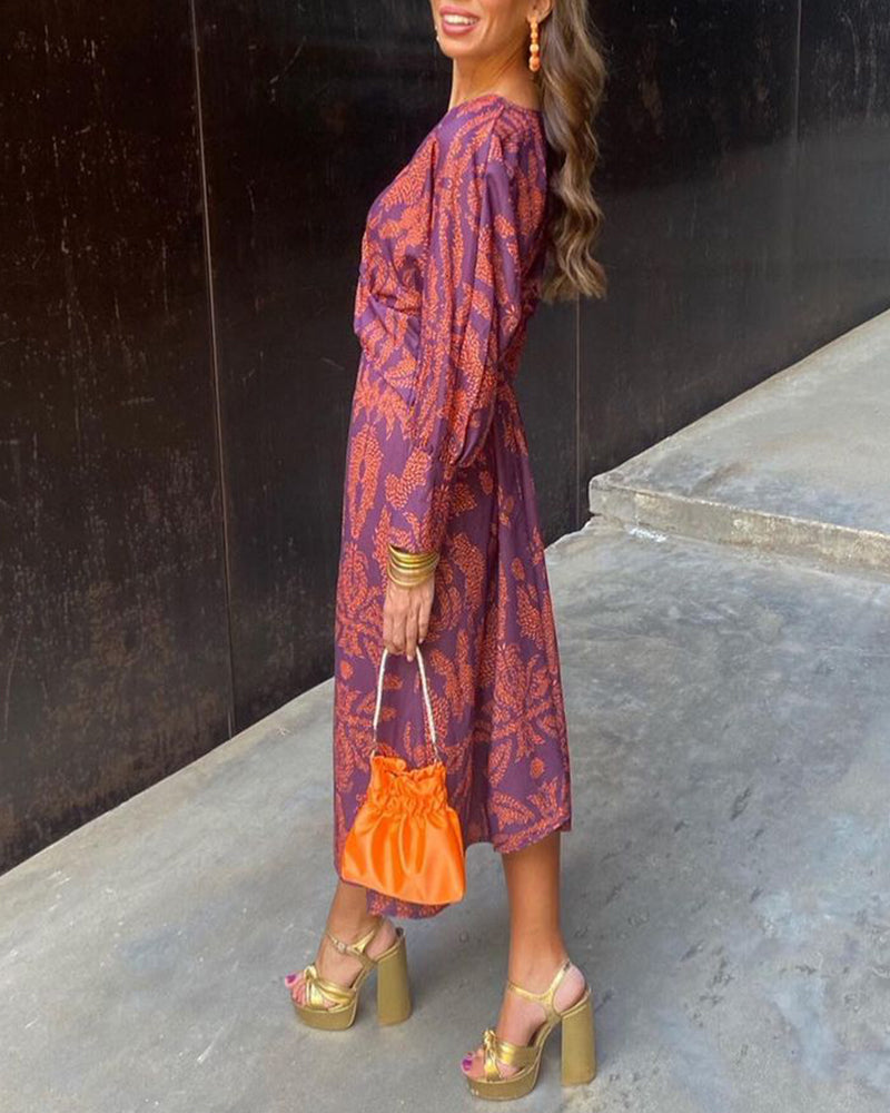 Long Sleeve Midi Dress with Twist Waist and Floral Print