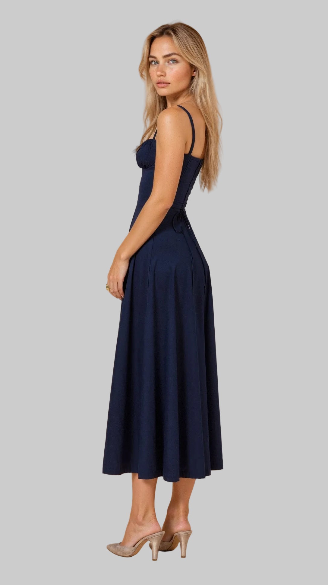 Midi Dress with Corset Back and Thin Straps
