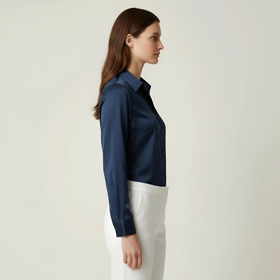 Navy Satin Blouse with Classic Collar and Long Sleeves