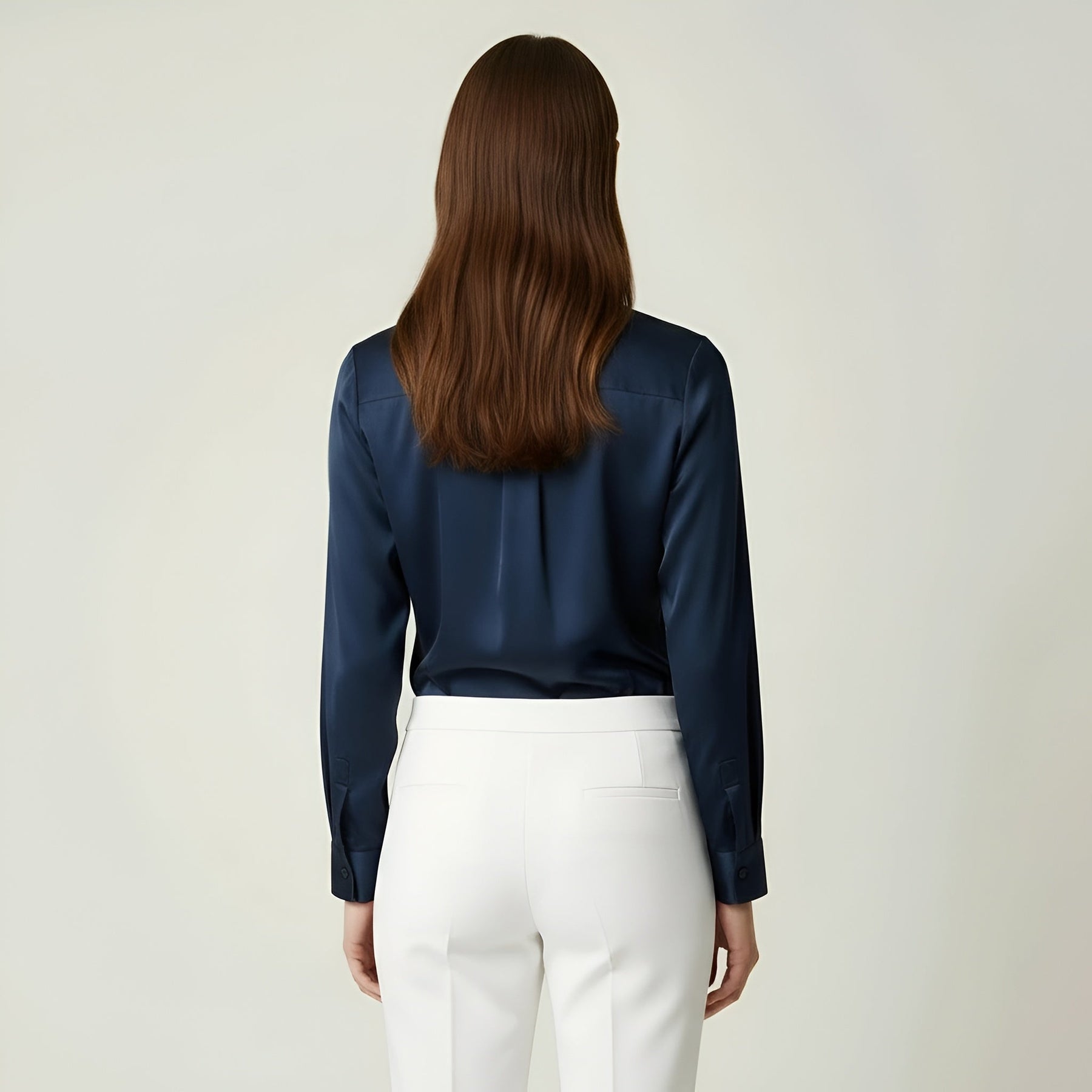 Navy Satin Blouse with Classic Collar and Long Sleeves