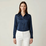 Navy Satin Blouse with Classic Collar and Long Sleeves