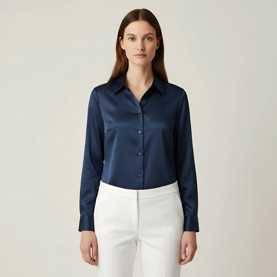 Navy Satin Blouse with Classic Collar and Long Sleeves