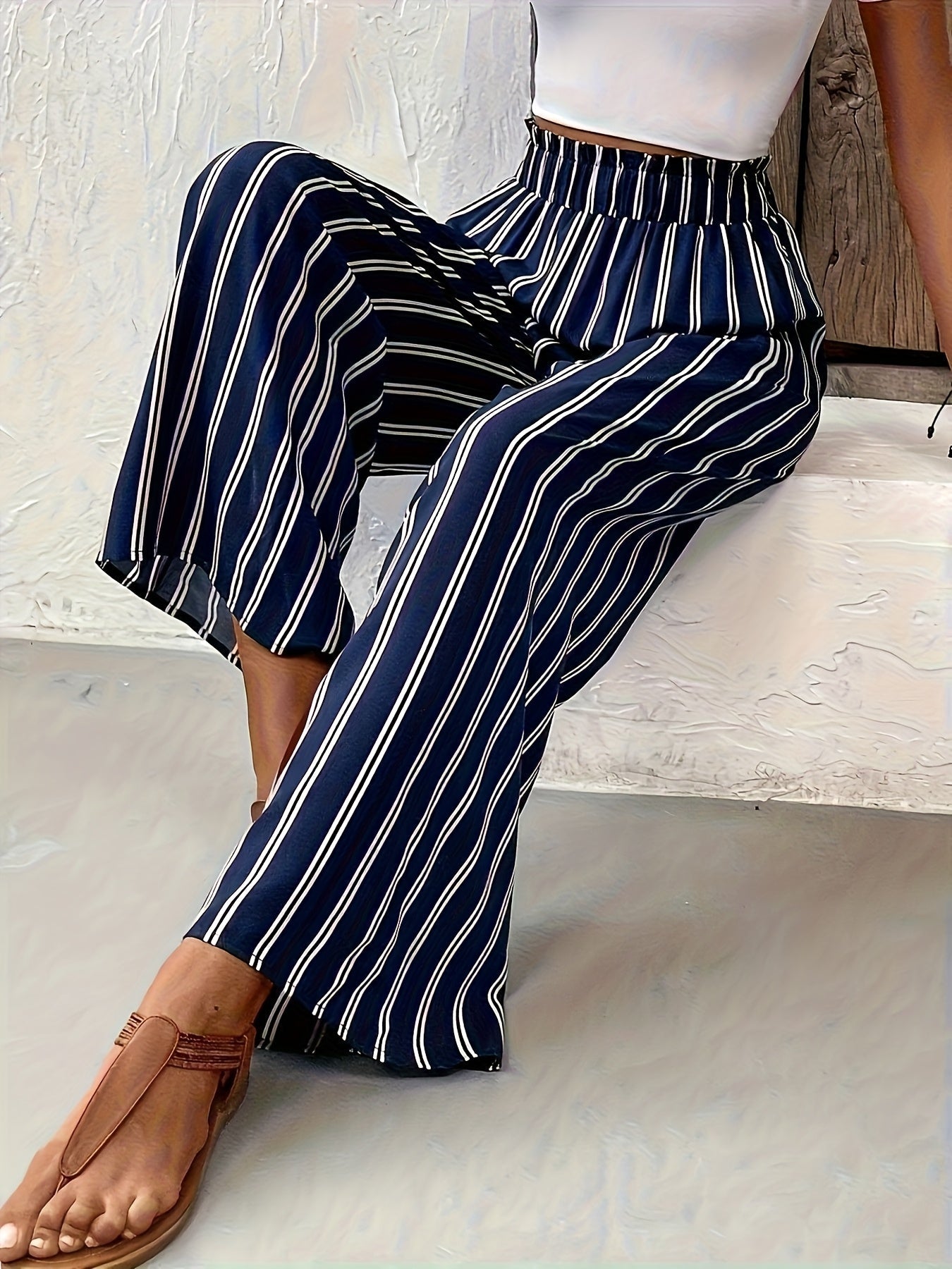Navy Striped Palazzo Trousers with Wide Elasticated Waist and Flowing Leg