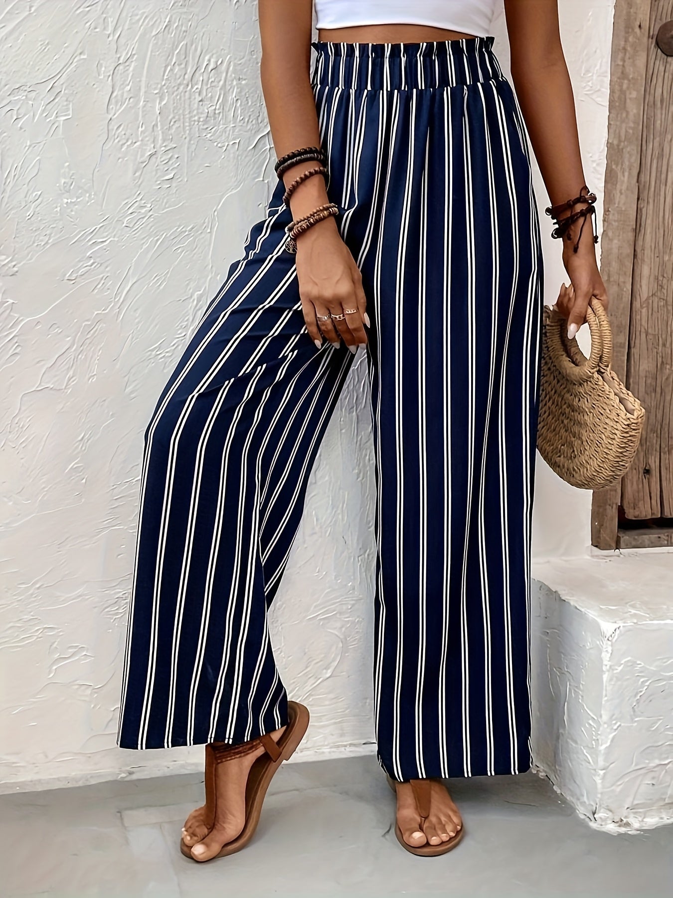 Navy Striped Palazzo Trousers with Wide Elasticated Waist and Flowing Leg