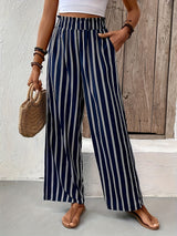 Navy Striped Palazzo Trousers with Wide Elasticated Waist and Flowing Leg