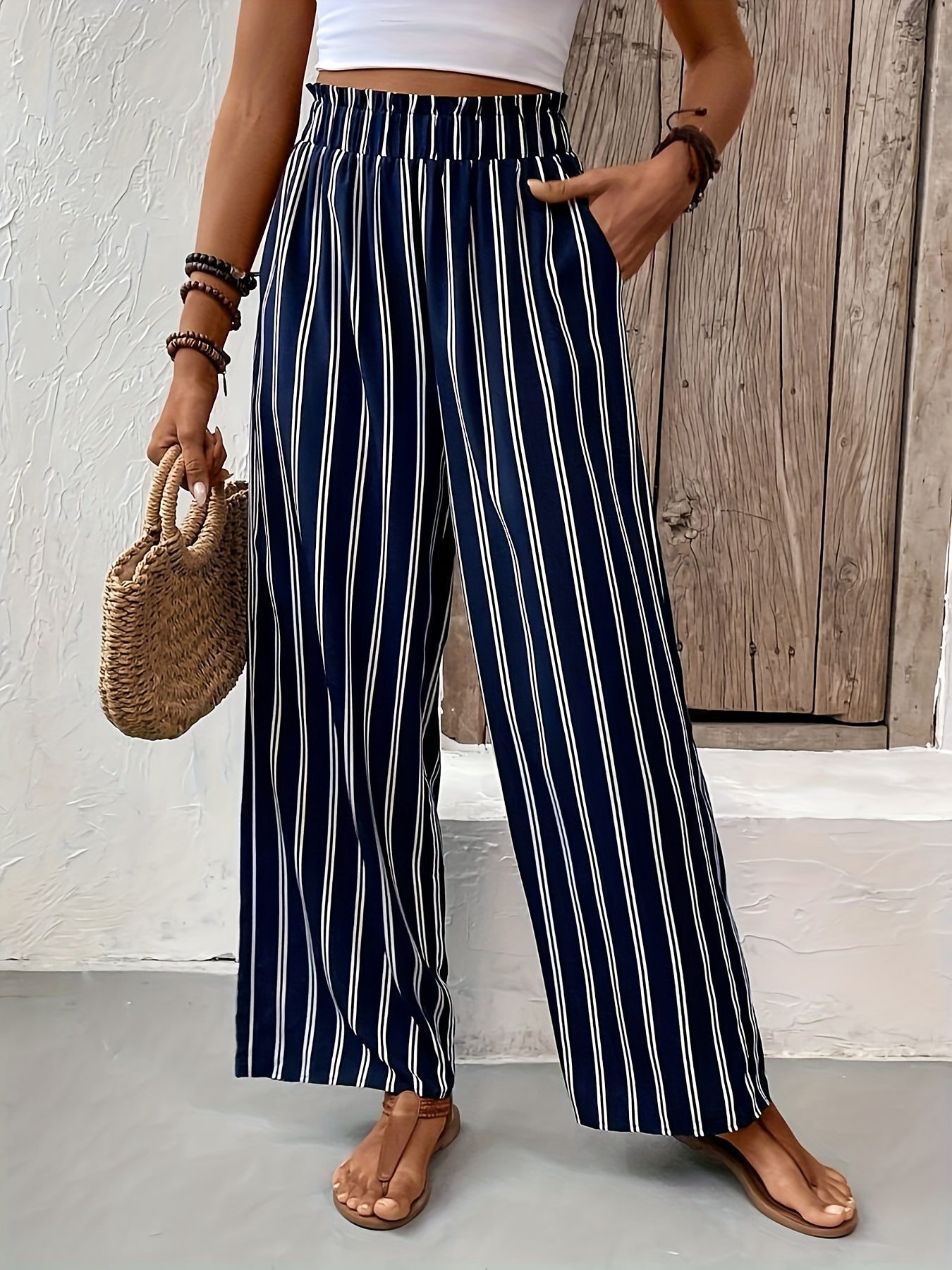 Navy Striped Palazzo Trousers with Wide Elasticated Waist and Flowing Leg