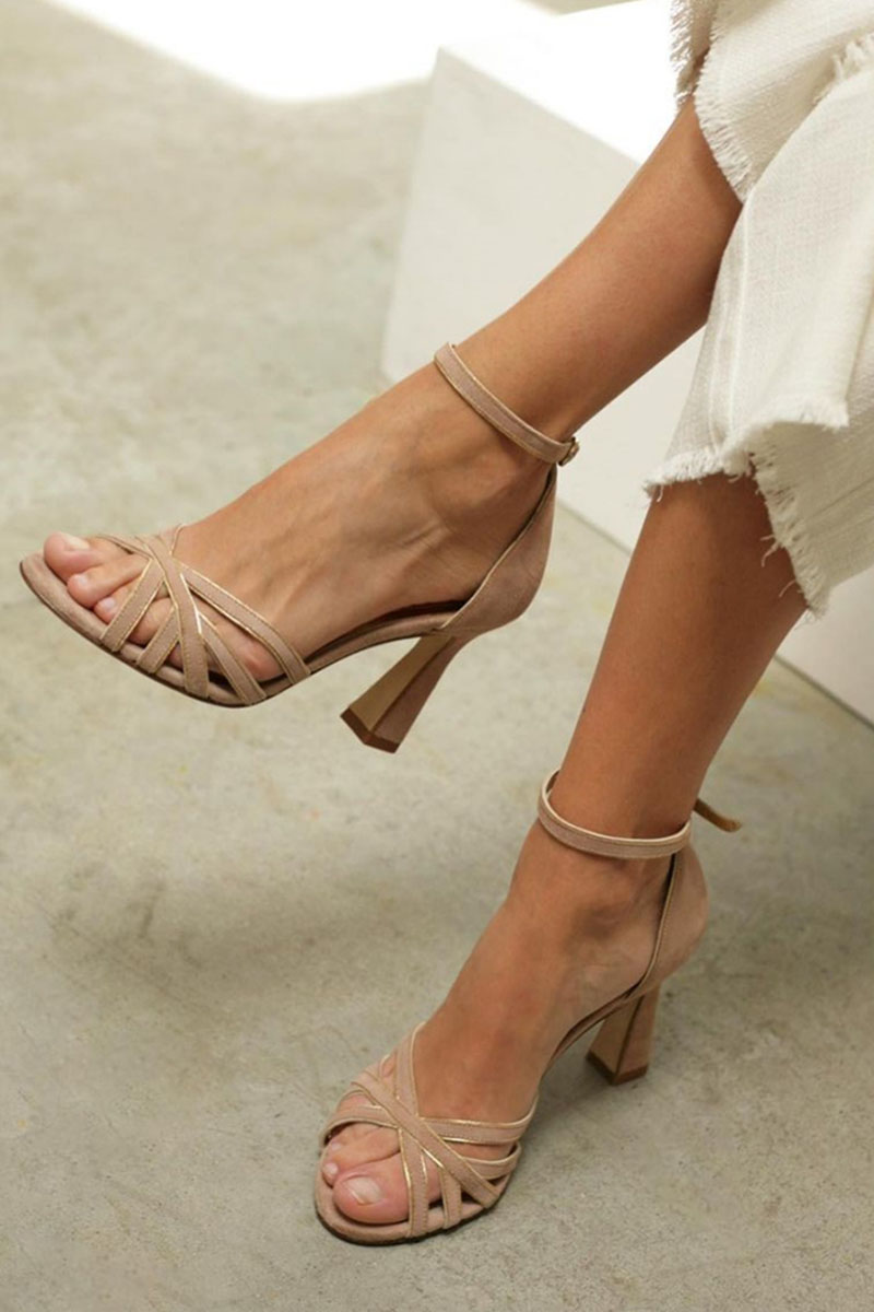 Nude Strappy Block Heel Sandals with Ankle Strap
