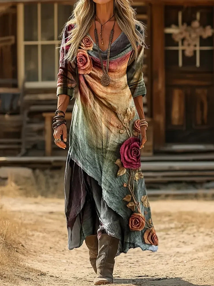 HEATHERLY | LAYERED ROSE PRINT MAXI DRESS