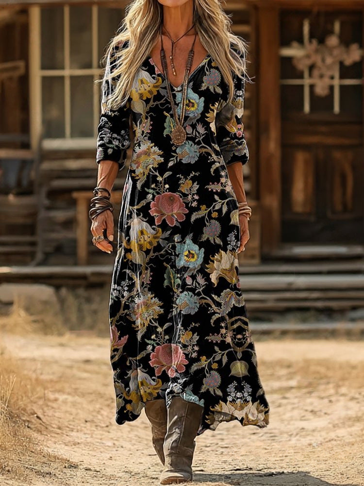 NERINE | BLACK FLORAL PRINT V-NECK MAXI DRESS