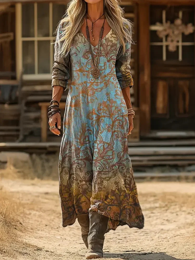 ORLAITH | BLUE PAISLEY PRINT V-NECK MAXI DRESS