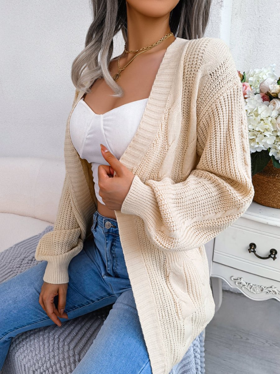 Oversized Cable Knit Cardigan with Pockets and Open Front