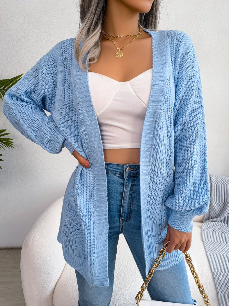 Oversized Cable Knit Cardigan with Pockets and Open Front