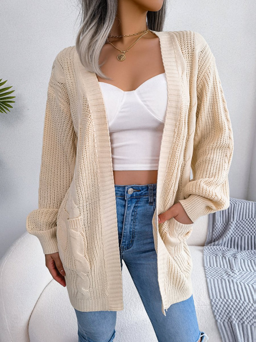 Oversized Cable Knit Cardigan with Pockets and Open Front
