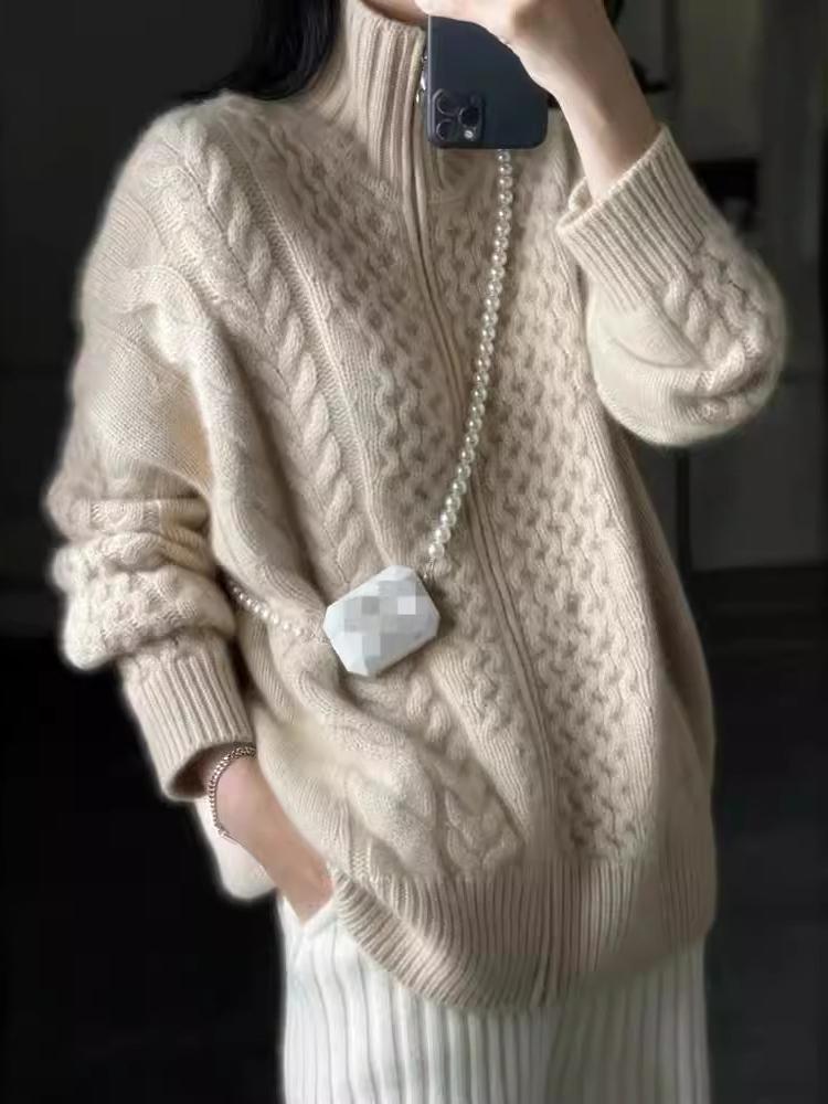 Oversized Cable Knit Cardigan with Zip Front and Stand Collar