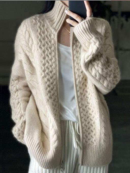 Oversized Cable Knit Cardigan with Zip Front and Stand Collar