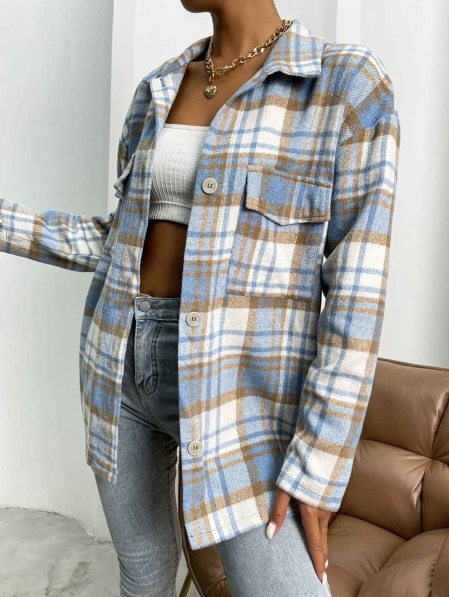 Oversized Check Shacket with Chest Pockets and Button Front