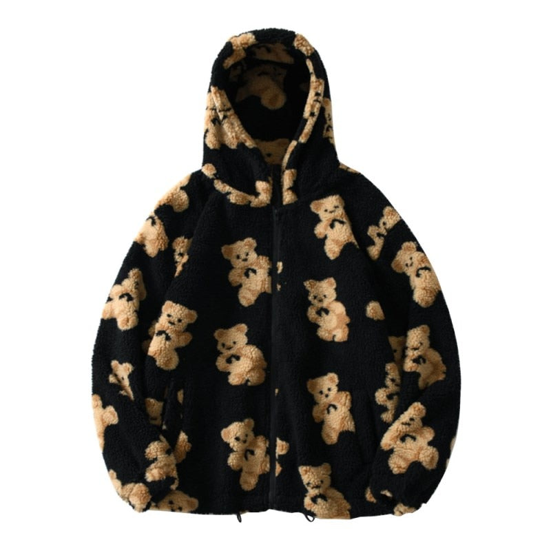 Oversized Fluffy Sherpa Jacket with Hood and Teddy Bear Print