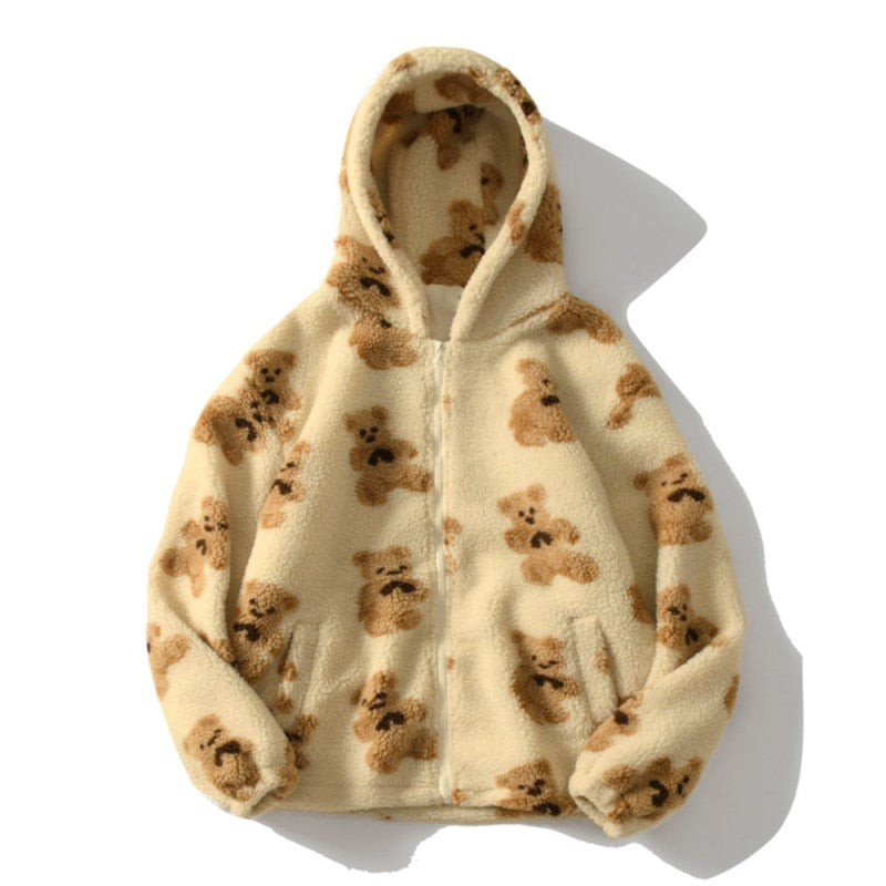 Oversized Fluffy Sherpa Jacket with Hood and Teddy Bear Print