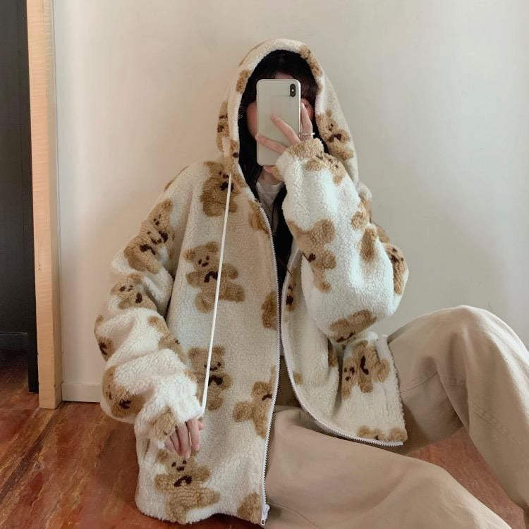 Oversized Fluffy Sherpa Jacket with Hood and Teddy Bear Print