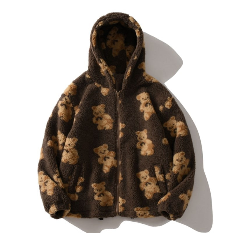 Oversized Fluffy Sherpa Jacket with Hood and Teddy Bear Print