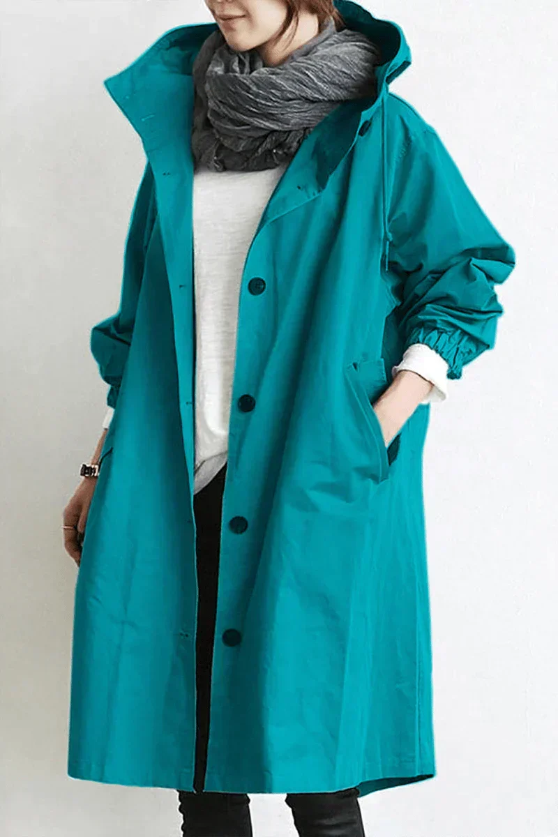 Oversized Hooded Long Trench Coat with Drawstring High Collar