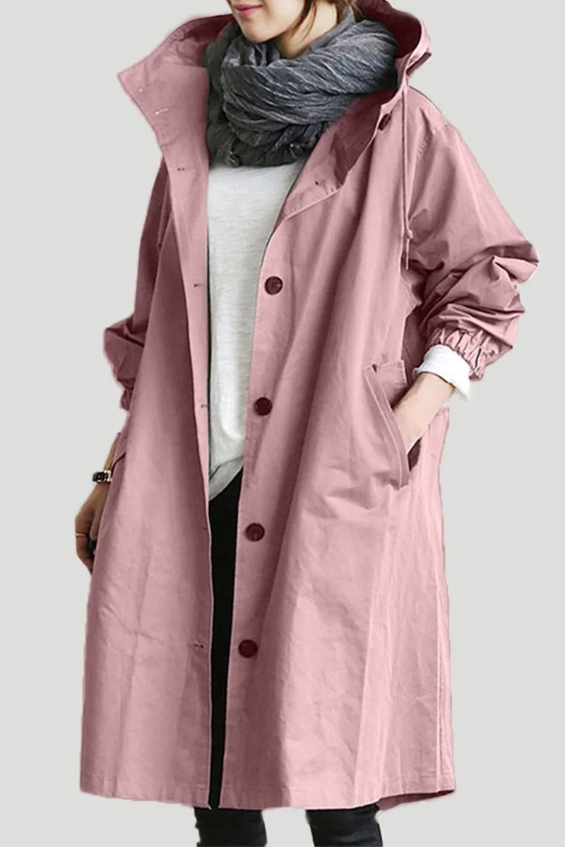 Oversized Hooded Long Trench Coat with Drawstring High Collar
