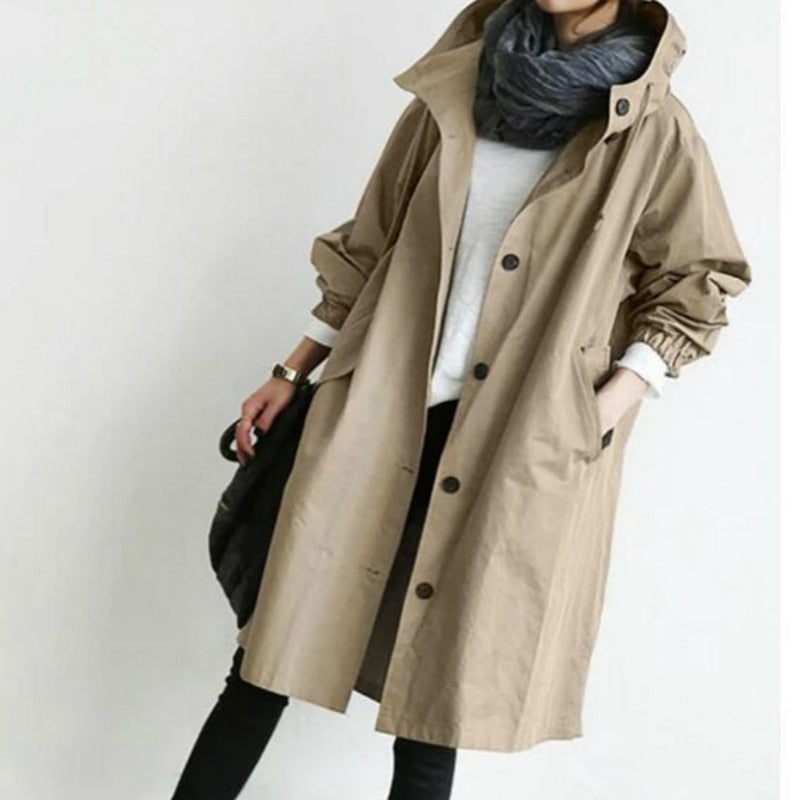 Oversized Hooded Long Trench Coat with Drawstring High Collar