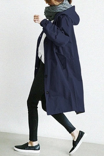 Oversized Hooded Long Trench Coat with Drawstring High Collar