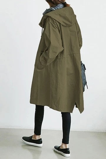 Oversized Hooded Long Trench Coat with Drawstring High Collar