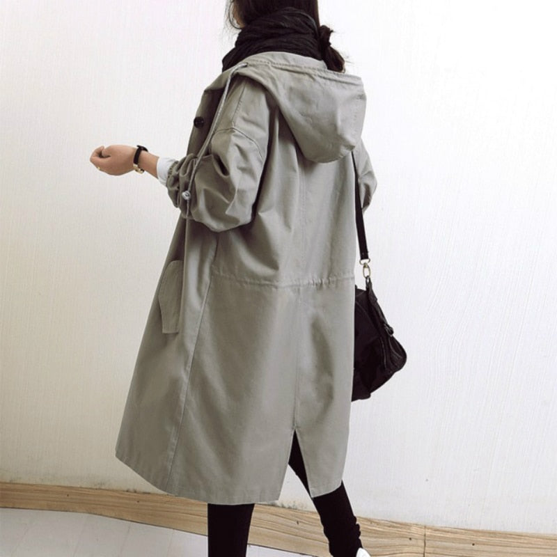 Oversized Hooded Long Trench Coat with Drawstring High Collar