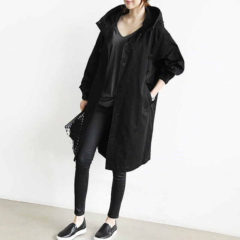 Oversized Hooded Long Trench Coat with Drawstring High Collar