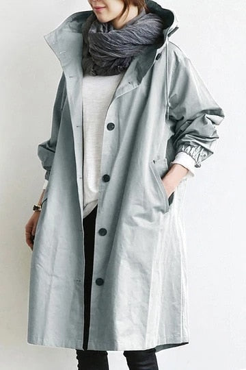 Oversized Hooded Long Trench Coat with Drawstring High Collar