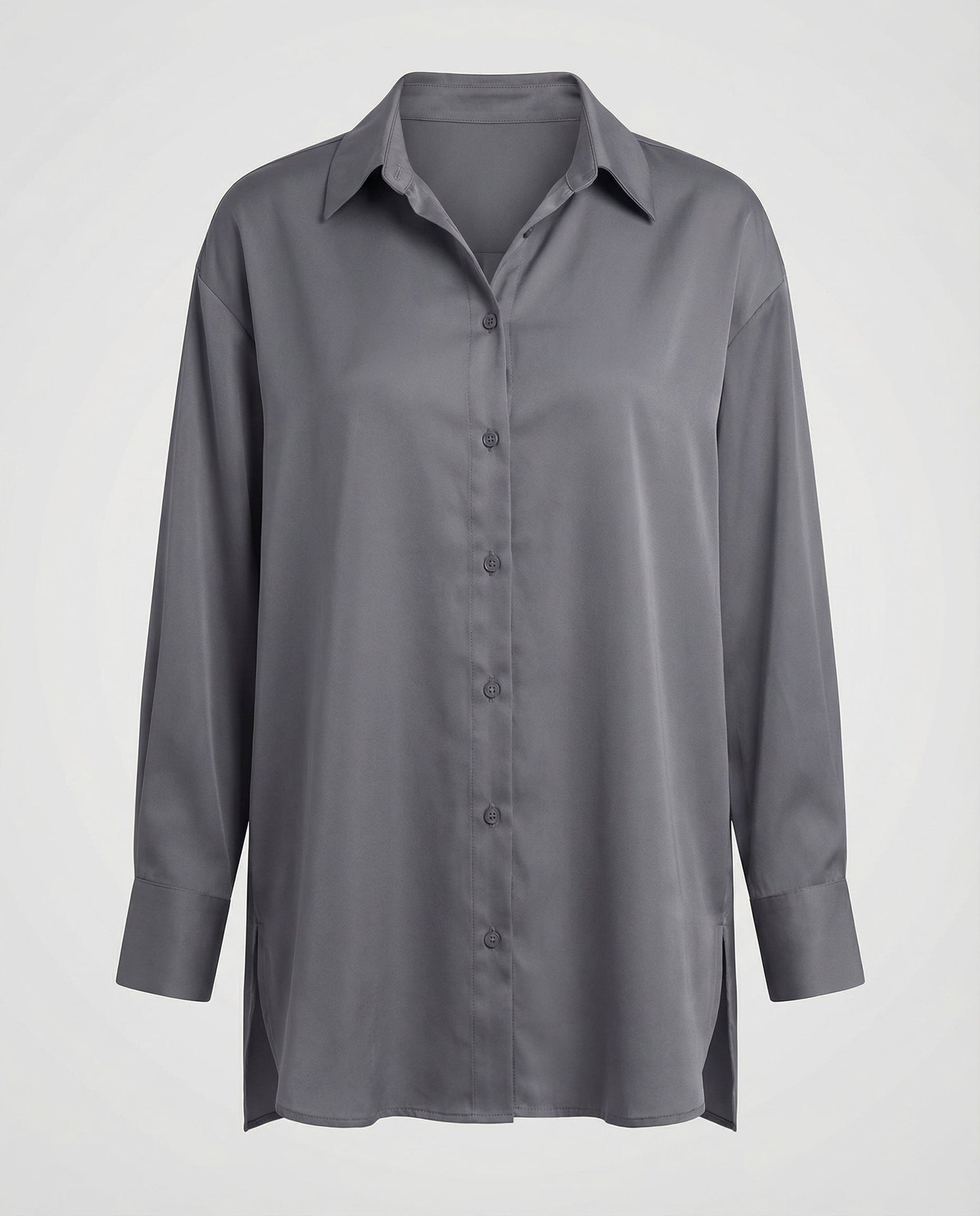 Oversized Long Shirt with Curved Hem and Classic Collar