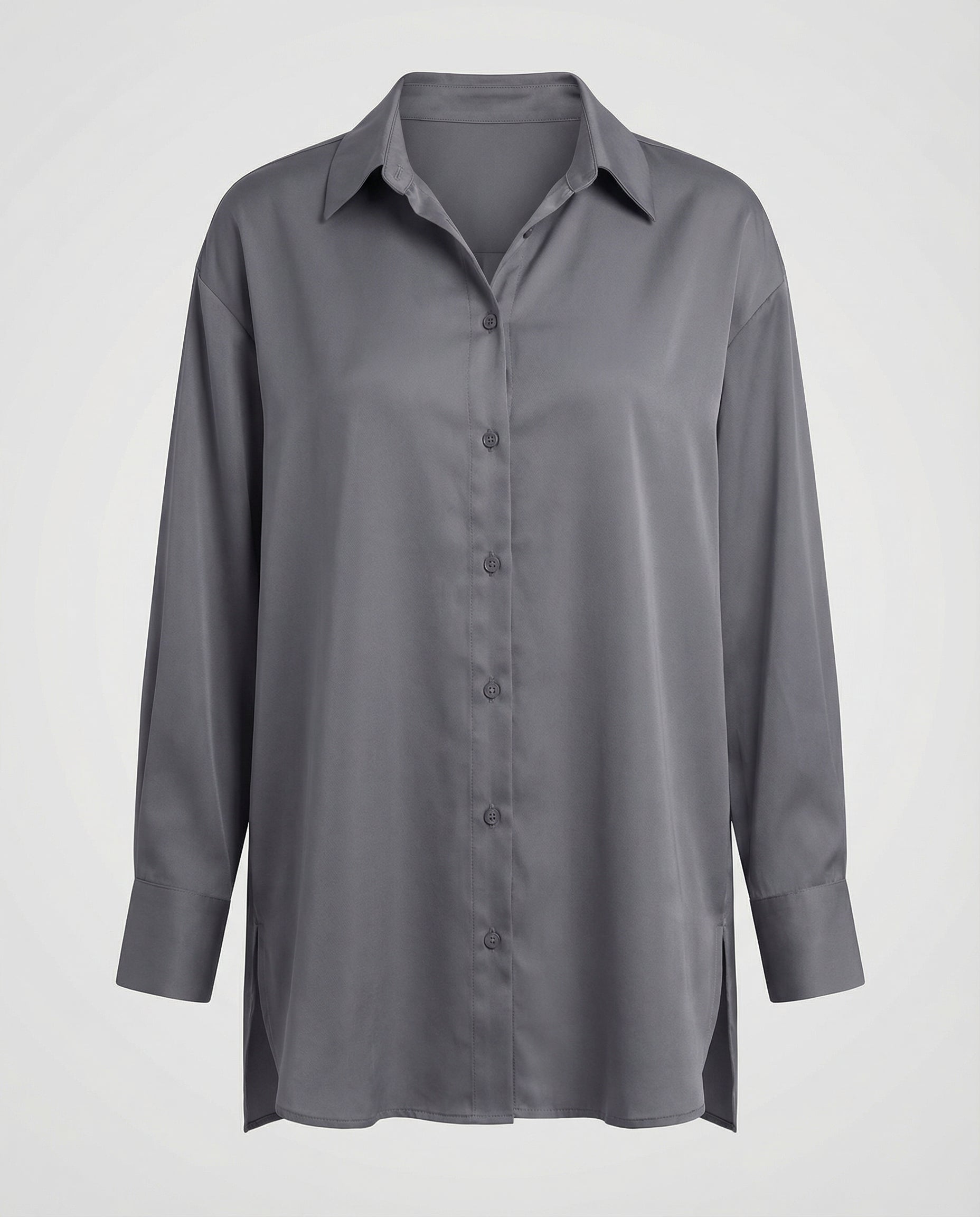 Oversized Long Shirt with Curved Hem and Classic Collar