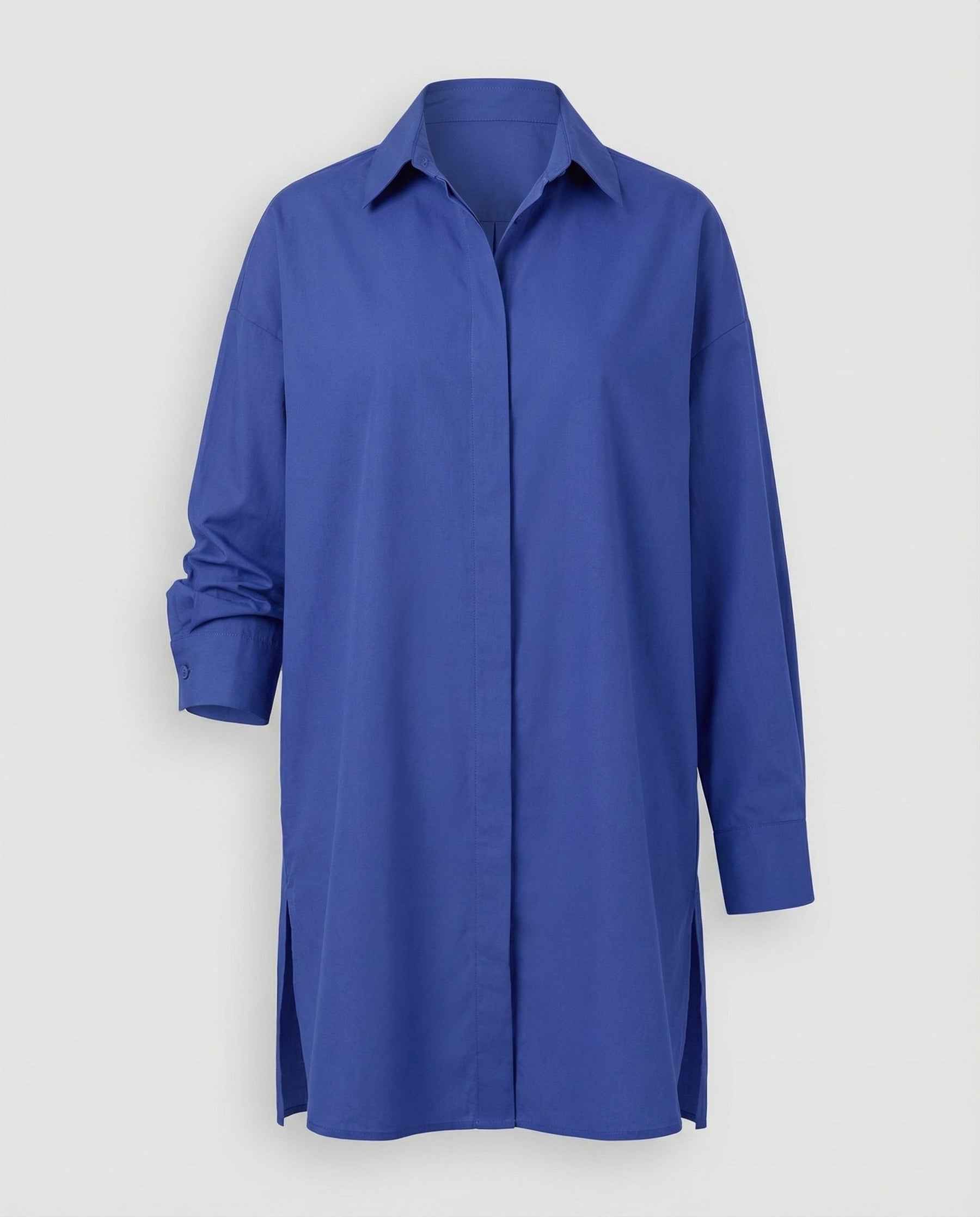 Oversized Long Shirt with Curved Hem and Classic Collar