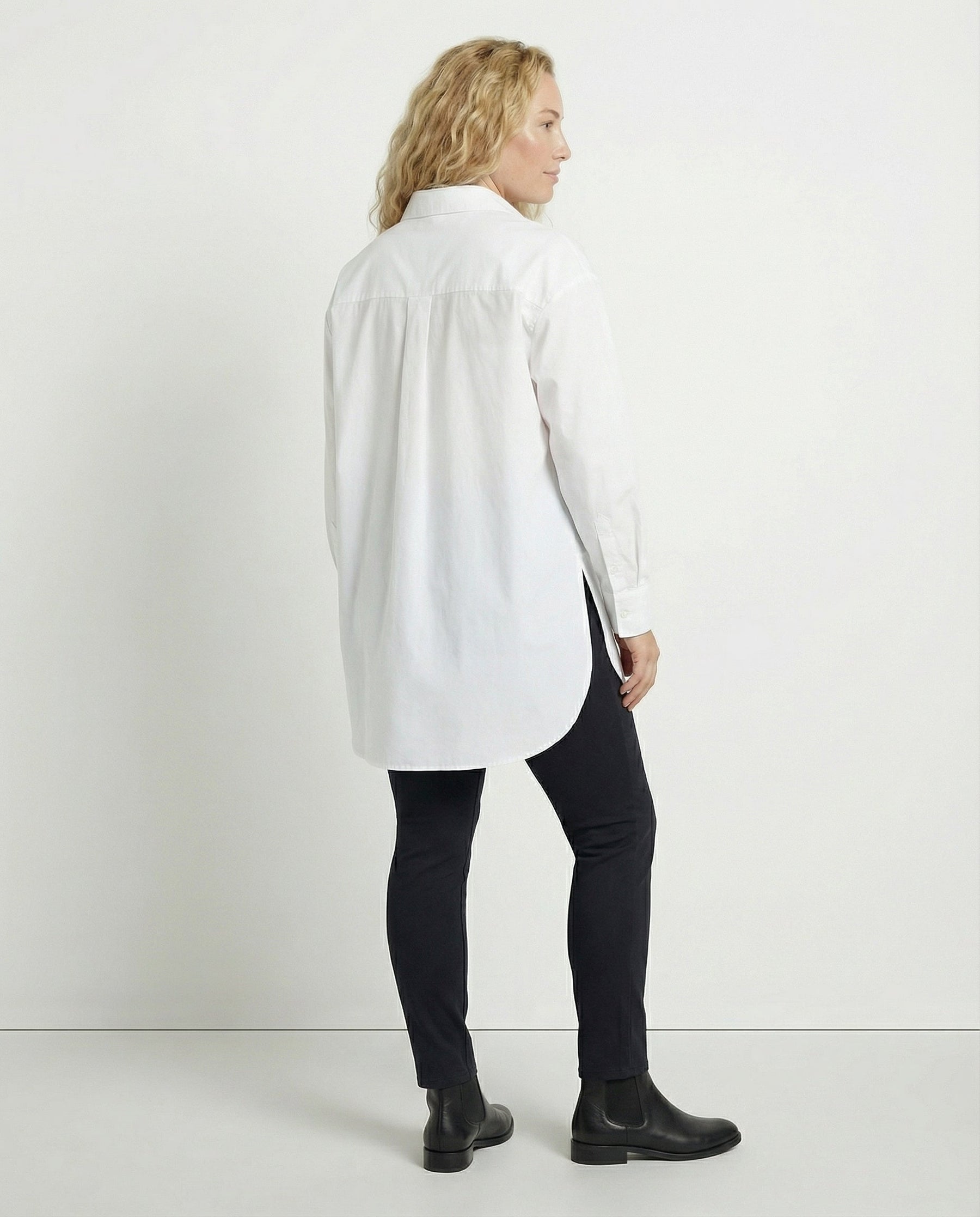 Oversized Long Shirt with Curved Hem and Classic Collar