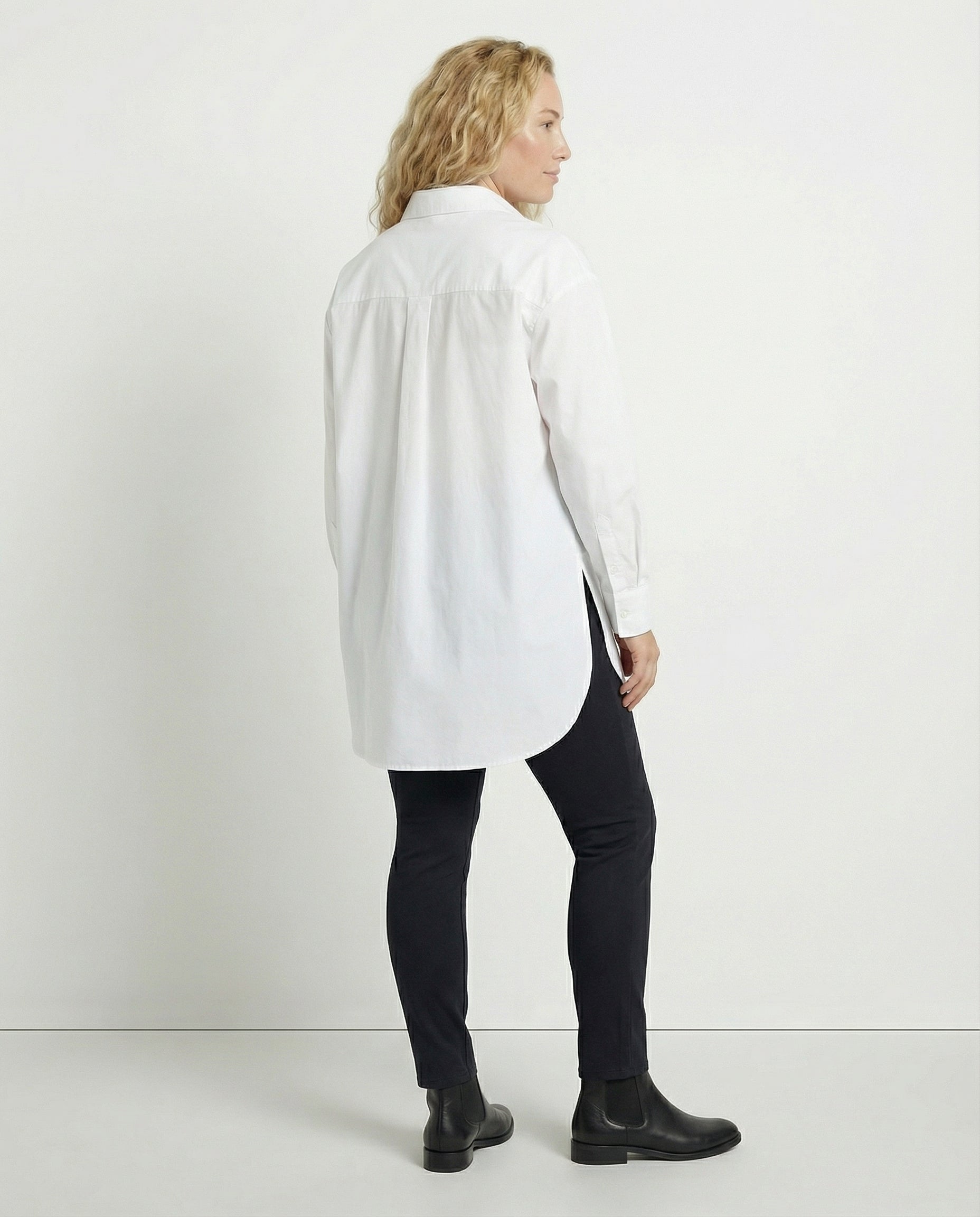 Oversized Long Shirt with Curved Hem and Classic Collar